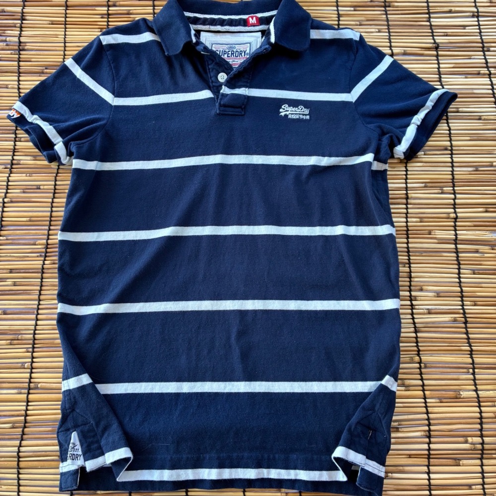Superdry Mens Navy Blue White Striped Short Sleeve Cotton Polo Shirt Size M
